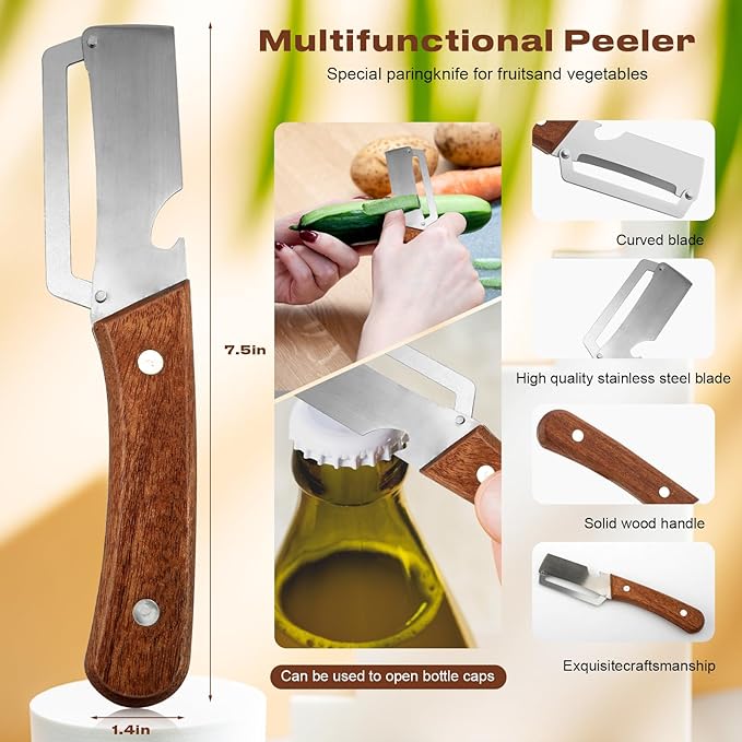 Vegetable Peeler with Wooden Handle, 2 Pcs Stainless Steel Potato Peeler for Kitchen, Heavy Duty Veggie and Fruit Slicer with Built-in Bottle Opener (Silver)