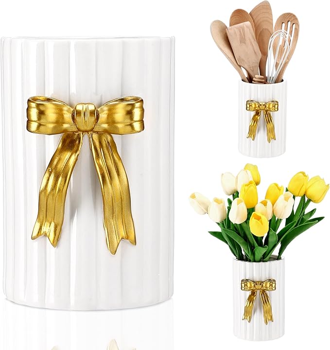 LemonRoad Gold Bow Ceramic Utensil Holder 3D Handmade Gold Kitchen Decor Gifts Cooking Utensil Crock with Scalloped Preppy Caddy Pen Holder Vase Vintage Retro Graduation Gift for College Students