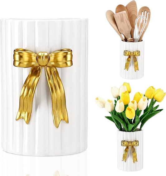 LemonRoad Gold Bow Ceramic Utensil Holder 3D Handmade Gold Kitchen Decor Gifts Cooking Utensil Crock with Scalloped Preppy Caddy Pen Holder Vase Vintage Retro Graduation Gift for College Students