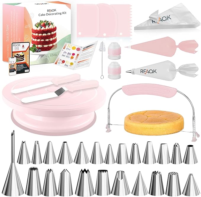RFAQK 90PCs Cake Decorating Kit with Leveler, Baking Supplies Gift Includes Cake Stand Turntable, 24 Numbered Icing Tips, 55+1 Piping Bags, 2 Frosting Spatulas, 3 Scrappers, Video Course & Booklet