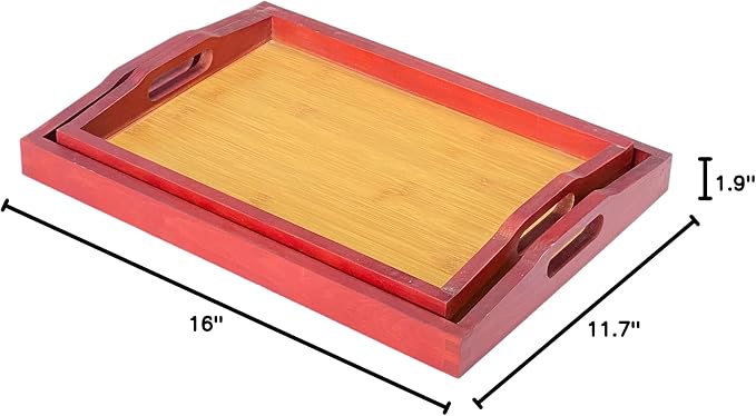 Wooden Serving Trays with Handle Set of 2 Bamboo Serving Trays Decorative Nesting Wood Platter Tabletop (Large 16x11.7x1.9 inches, Small 14x10.5x1.9 inches)