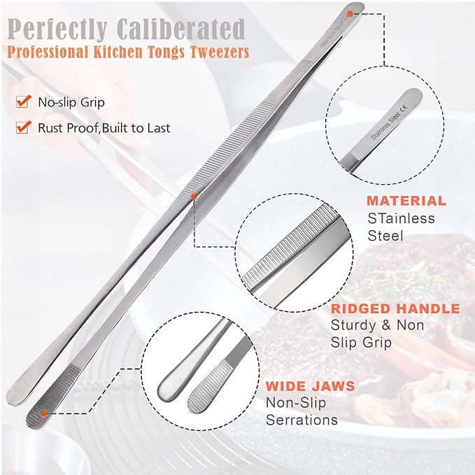 Professional Culinary Stainless Steel Precision Tongs With Serrated Tips - Plating/Food Presentation Detailing Serving - Chef's Kitchen Tweezer - Ultra Non-Slip Grip (12" Wide Jaws)