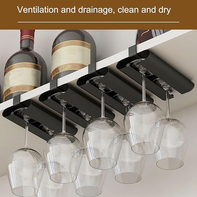 Wine Glass Holder, Under Cabinet Wine Glass Rack, Iron Wine Glass Rack, Hanging Stemware Rack Organizer Hanger, Complete Your Home Bar & Kitchen Storage(Black,18 * 10 * 3cm/7 * 4 * 1in)
