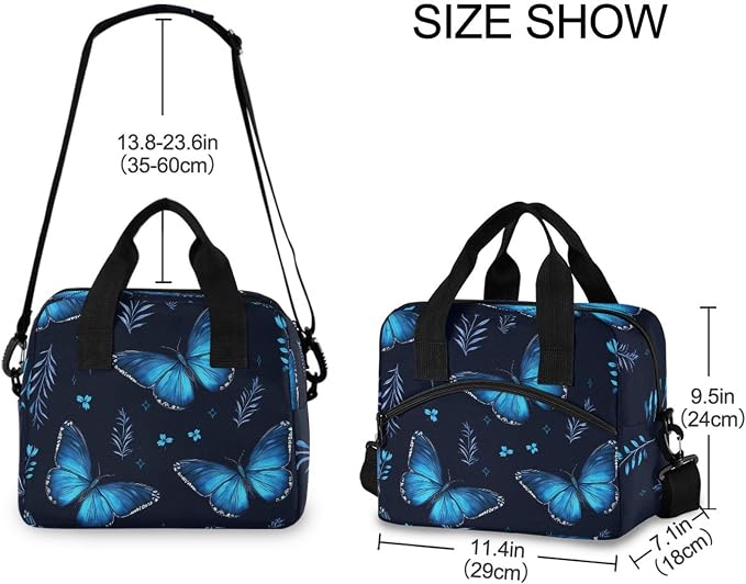 Flying Butterflies Blue Insulated Lunch Bag Reusable Lunch Tote Bag Lunch Box for Women Men Adult Cooler Bag with Adjustable Shoulder Strap Leakproof for Work School Picnic