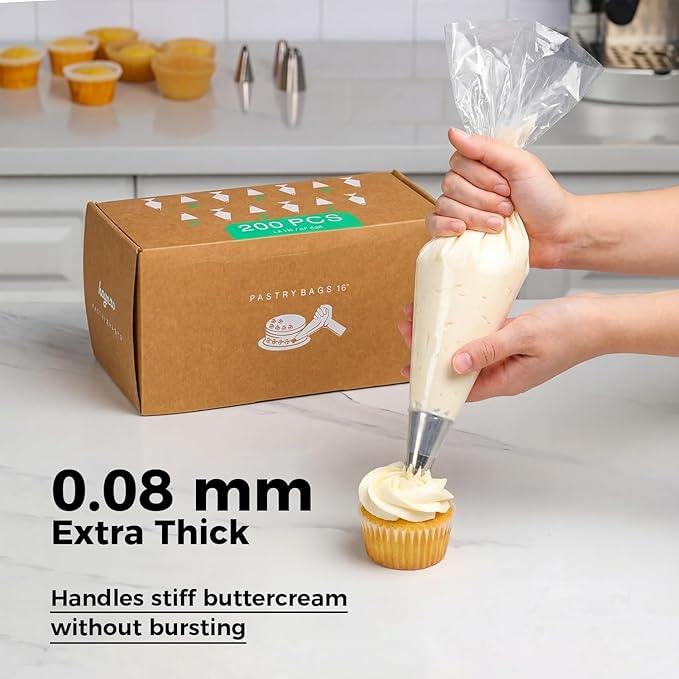 16-Inch Heavy-Duty Disposable Piping Bags, 200 Pack – Extra Thick Smooth Pastry Bags with Easy-Pull Dispenser Box for Cake Decorating, Buttercream Frosting, Cookie Icing & Baking Supplies