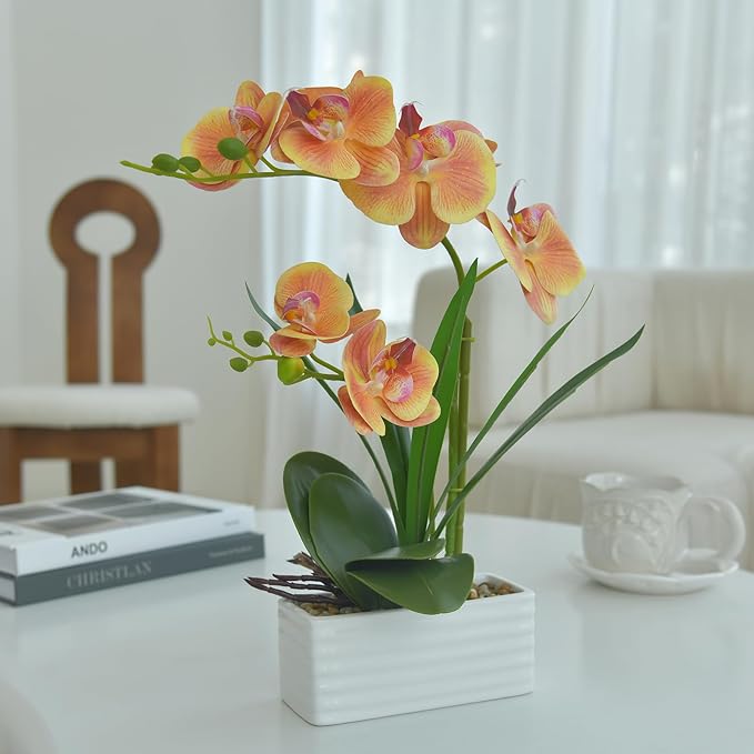 Artificial Real Touch Orchid Flowers in Pot Fake Phalaenopsis Flower with White Ceramic Vase Faux Orchids Arrangement for Home Table Office Wedding Party Decoration (Orange)