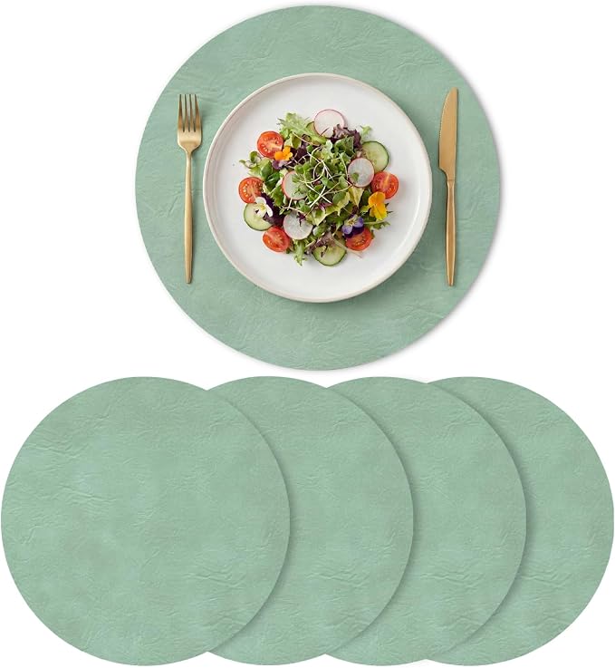 Artoid Mode Sage Faux Leather Placemats Set of 4, 15 Inch Waterproof Wipeable Heat Resistant Vinyl Place Mats, Reversible Table Mats for Spring Kitchen Dining Decor