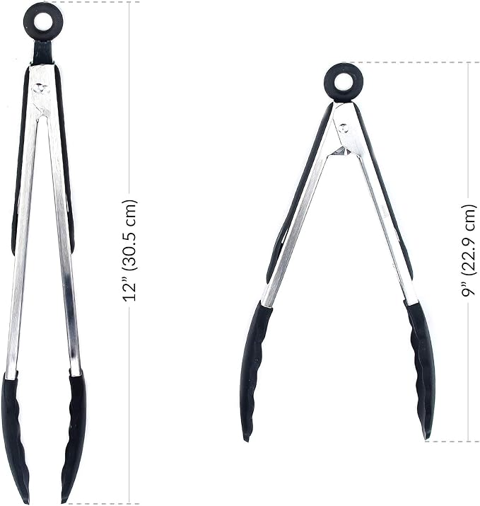 Kitchen Tongs for Cooking with Silicone Tips by Boxiki Kitchen, BPA Free Stainless Steel set of 2 Silicone Tongs for Cooking, Grilling & Toss a Salad, Heat Resistant Grill Tongs for Serving Food.