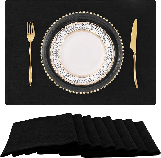 homing Faux Cotton Linen Placemats Set of 8, Cloth Washable Farmhouse Dining Table Mats for Indoors & Outdoors, Easy to Clean, Black, 13 x 19 Inch