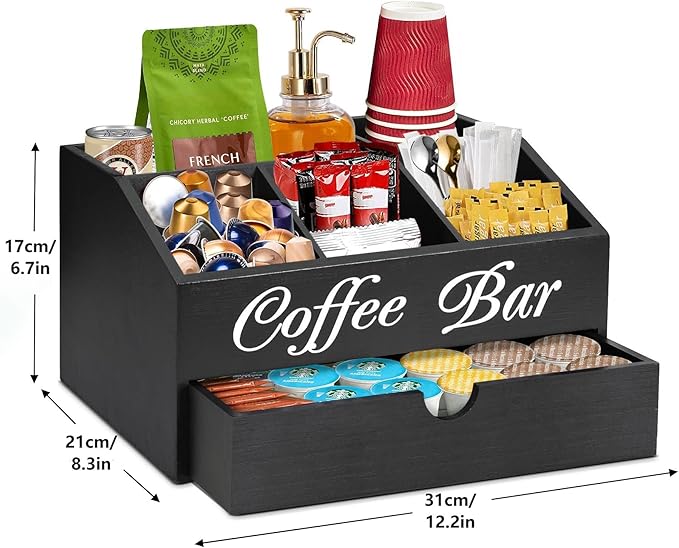 Coffee Station Organizer - Double Layer with Drawers, Country Style Coffee Bar Organizer, Farmhouse Coffee Capsule Storage Basket, Natural Solid Wood Material(Black Double Layer)