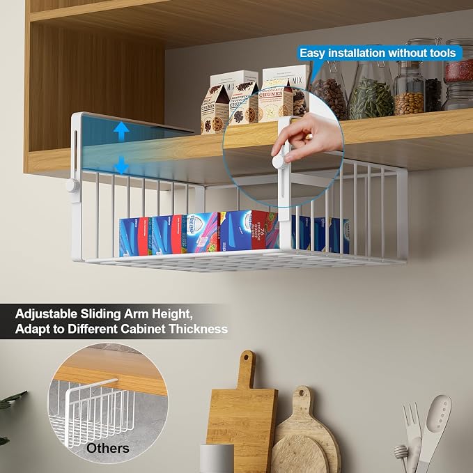 AmonHouseware 2Pack Under Shelf Basket Organizer,Adjustable Hanging Holder Storage for Cabinet Pantry Kitchen Cupboard Desk Counter Bookshelf Organization Add-on Space Saver Heavy Duty Slide-in,White