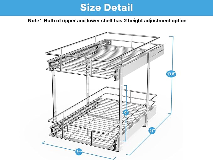 LOVMOR Individual Pull Out Cabinet Organizer, 2 Tier Cabinet Drawers Slide Out, Pots and Pans Organizer and Storage Pantry Shelf for Kitchen (11" W x 21" D)
