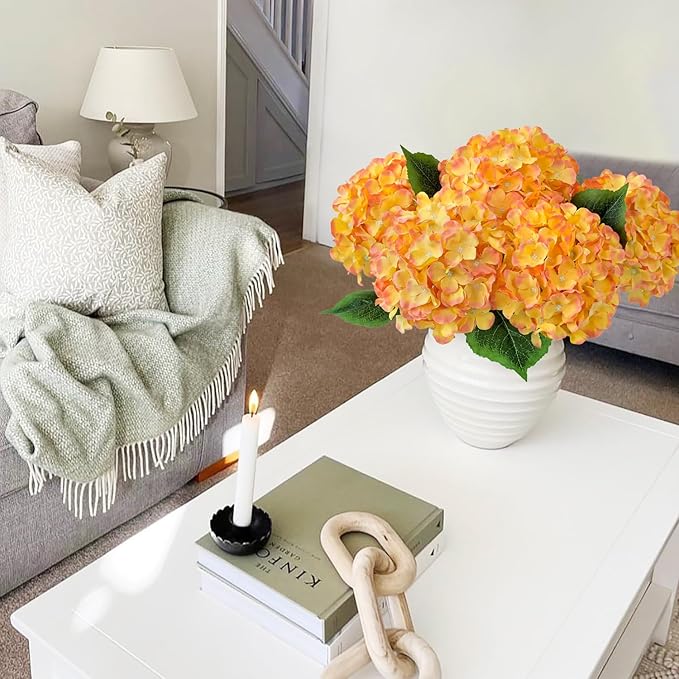 JINWOE Silk Hydrangea Artificial Flowers, 5Pcs 20Inch Large Lifelike Silk Artificial Hydrangeas, Full Fake Flowers for Bouquet Table Centerpieces Wedding Indoor Home (Yellow &Orange)