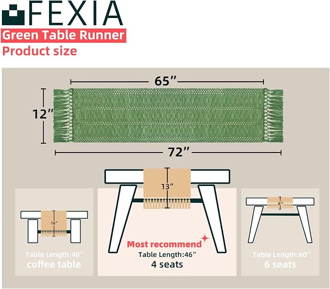 FEXIA Green Table Runner with Tassels for Summer Decor 72 Inches Long Macrame Table Runner for Home Decor Farmhouse Rustic Table Runner for Dining Bedroom Decorations (12x72 Inches)