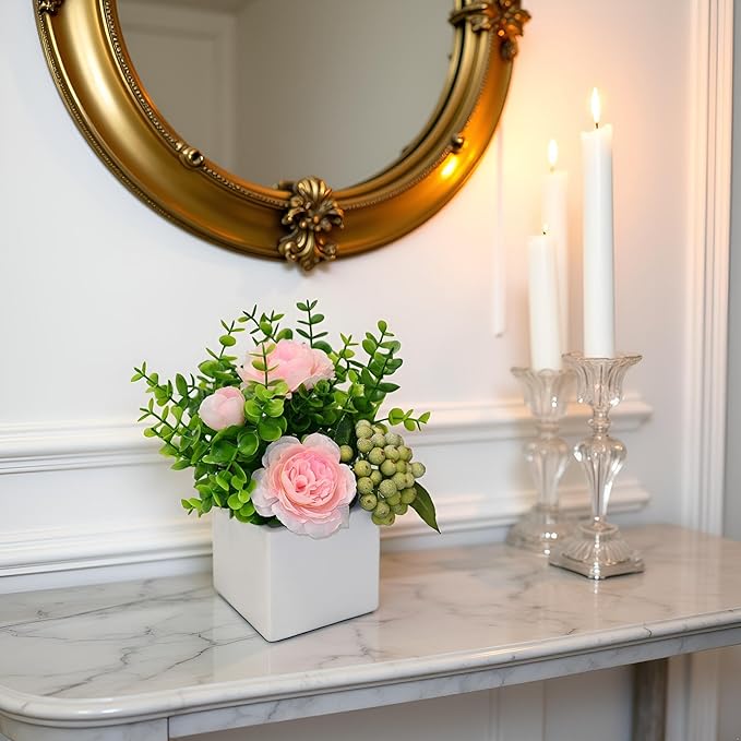Pink Artificial Rose Eucalyptus Berry Faux Floral Table Home Bathroom Decor | Faux Floral Decor with Eucalyptus Leaves Frosted Green Berries, Small Potted Plant for Office Desk Indoor Home Decorations