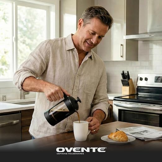 OVENTE French Press Coffee Maker 20 Ounce with Heat Resistant Borosilicate Glass & Stainless Steel 4-Level Filtration System, Portable Cold Brew Coffee Maker for Travel, Camping or Gift, Black FPB20B