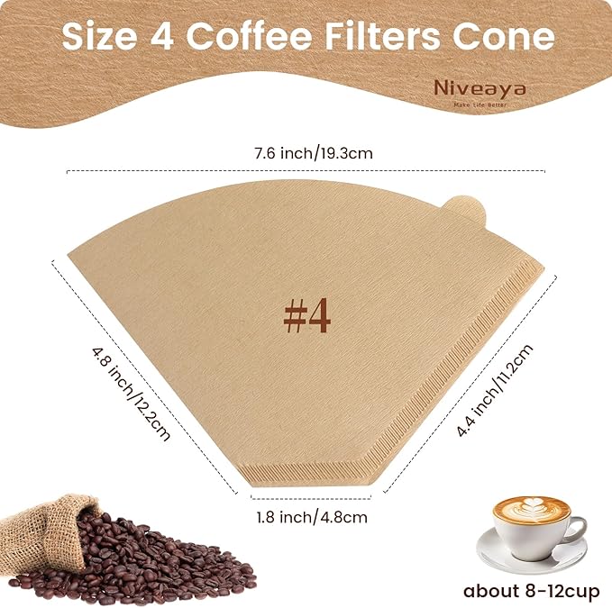 Niveaya 200 Count Coffee Filters #4, Unbleached Natural Brown Coffee Filters 8-12Cup, Disposable Cone Paper Fliters for Pour Over and Drip Coffee Maker (Pack of 2)