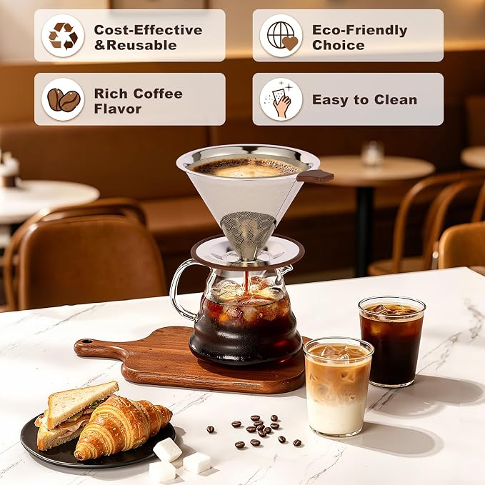 Pour Over Coffee Dripper, Stainless Steel Coffee Filter, Paperless Reusable Coffee Filter, Metal 600 Mesh Strainer Coffee Maker Single Cup Brewer (1-4 Cups)