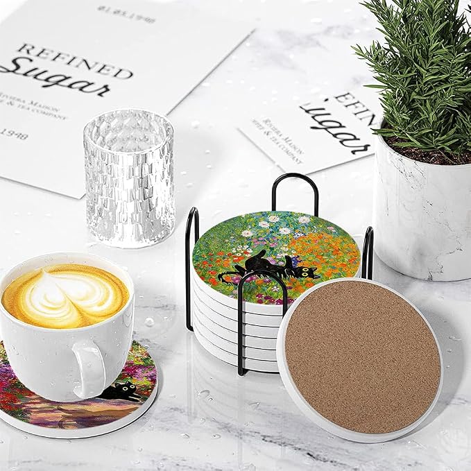 Drink Absorbent Coasters with Holder Set of 6, Ceramic Stone with Cork Base, Cute Black Cat and Art Design Coaster for Drinks, Gift for Housewarming Room Bar Home Decor Kitchen