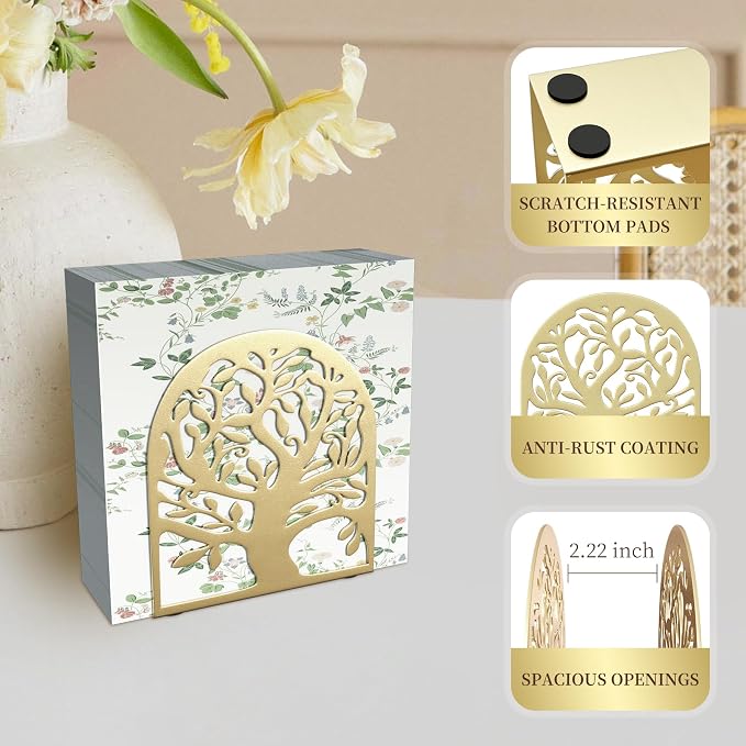 Metal Napkin Holder for Table – Decorative Tree of Life Napkin Holders for Kitchen & Dining Table, Fits Cocktail, Lunch & Guest Paper Napkins, Gold Countertop Napkin Holder for Home, Restaurant & Bar.