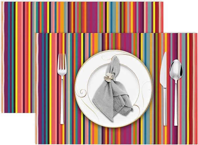 Niviy Bright Colorful Striped Placemats Set of 2, 12x18 Inch Rainbow Colored Geometric Pattern Table Mats for Holiday Party Kitchen Dining Room Decoration