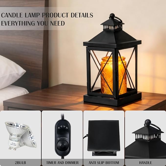 Candle Warmer Lamp with Timer, Dimmable Candle Lamp, Compatible with 3 Wick Candles, Vintage Lamp Candle Warmer for Bedroom Home Living Room Decor, Wax Melt Warmer with 2 Bulbs (Black)