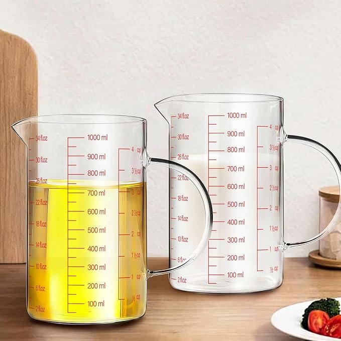 WhiteRhino Glass Measuring Cup,4Cup/1000ml/32oz Liquid Measuring Cups, Measuring Cup With Handle and V-Shaped Spout, Glass Beaker with Three Scales (OZ, Cup, ML), Dishwasher/Freezer/Microwave Safe