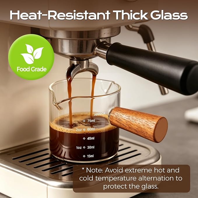 YARRAMATE 2.5 oz/75ML Espresso Shots Cup with Wooden Handle, Clear Glass Demitasse Cup with Dual Scale Markings for Coffee Extraction (1 Pack, Double Spout)
