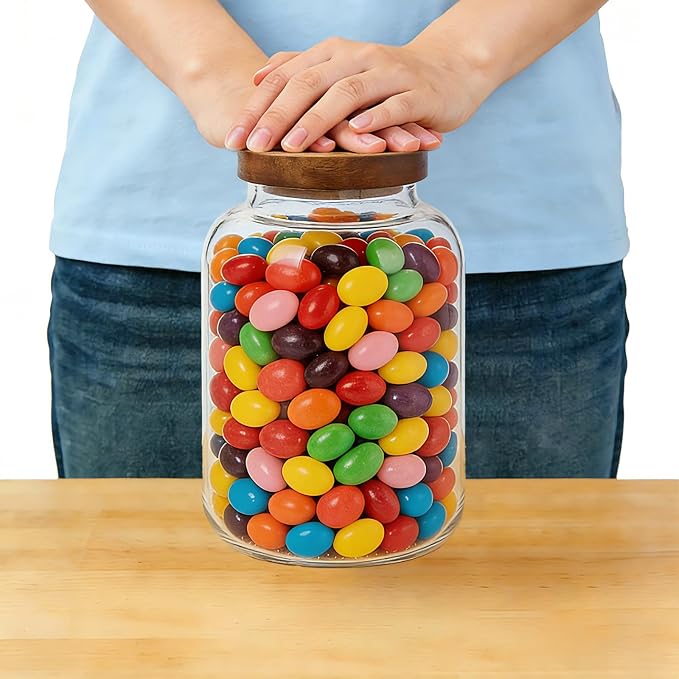 2-Pack Large Glass Flour and Sugar Storage Containers, 64 oz / 1900 ml Airtight Glass Jars with Wooden Lids, Clean & Elegant Canisters for Storing Rice, Pasta, Oats, Candy, Cookies and More