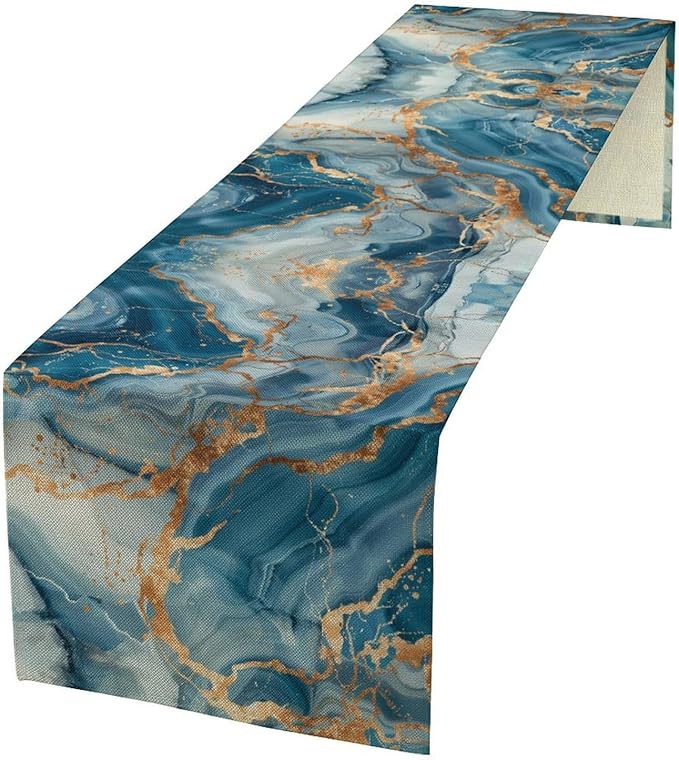 Marble Table Runner, Abstract Gold and Blue Modern Luxury Texture Pattern Printed Linen Table Runners for Kitchen Living Room Farmhouse Dining Room Party Holiday Home Decor 13" W x 108" L