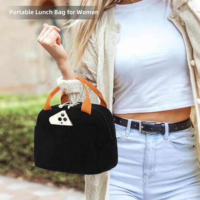 LEDAOU Lunch Box for Women Insulated Lunch Bag Corduroy Lunch Tote Bags Leakproof Cooler Lunch Case for Travel Work Picnic