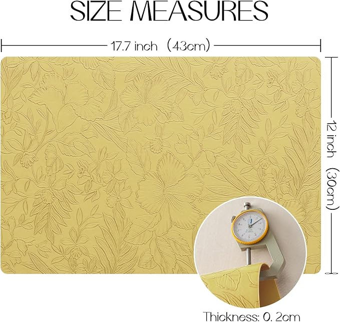 Romanstile Vinyl Placemats Set of 8-12 X 17 Inch - Heat Resistant Non-Slip Embossed Floral Place Mats 100% Waterproof Oilproof Wipeable Faux Leather Table Mats for Kitchen/Dining/Party, Yellow