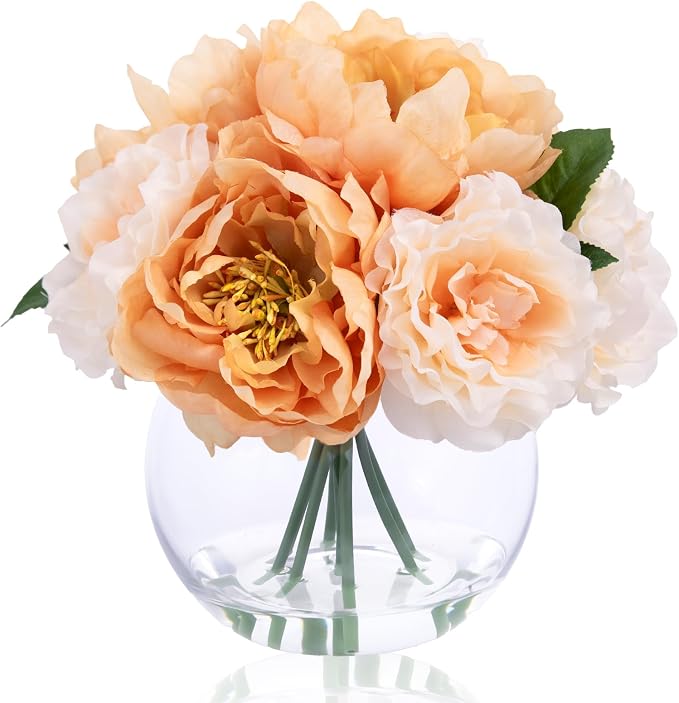 Artificial Flowers in Vase, Silk Peonies Flower Bouquet with Faux Water, Apricot & Champagne Fake Flower Arrangement for Spring Home Decor Wedding Party Dining Table Centerpiece & Mom's Birthday Gift