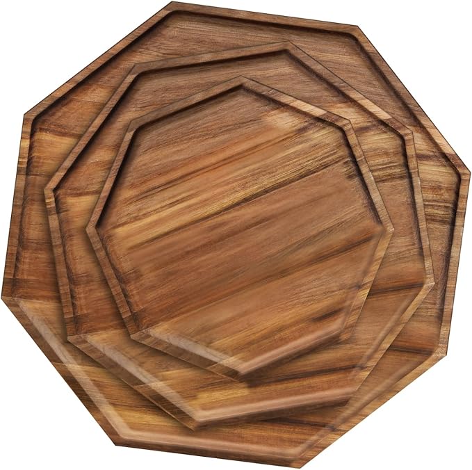 Set of 3 Acacia Wood Serving Trays, Octagonal Wooden Platters for Vegetable,Fruit, Charcuterie Boards,Cheese and Coffee Tea Platters Wedding Table Supplies Spring Serving Trays(8 in & 10 in &12 in)