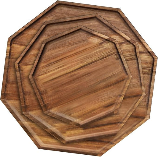 Set of 3 Acacia Wood Serving Trays, Octagonal Wooden Platters for Vegetable,Fruit, Charcuterie Boards,Cheese and Coffee Tea Platters Wedding Table Supplies Spring Serving Trays(8 in & 10 in &12 in)
