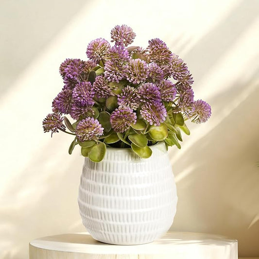 Mauve Artificial Flower Balls in White Ceramic Vase - 11" Fake mums Arrangement - Faux mums Centerpiece for Dining Table, Coffee Table, Shelf & Farmhouse Decor
