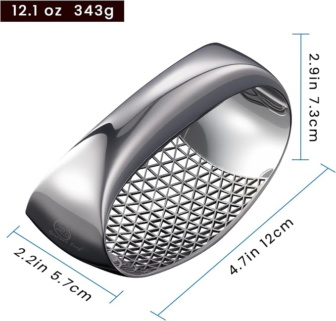 Full Stainless Steel Garlic Press Rocker with Eject Base + Scraper Spoon, Innovative 3D Cutting, Easy Crush & Clean Garlic Mincer, Premium Garlic Tool with Ergonomic Grip, 5-Year Warranty