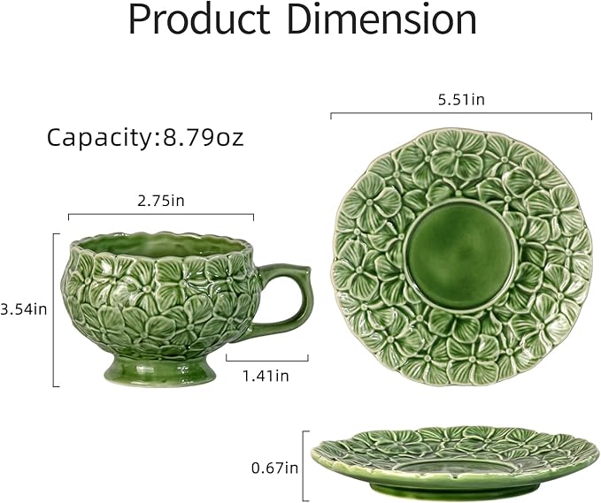 KAMMAK Tea Cups and Saucers Set of 2, Porcelain Coffee Cups, 8.5-Ounce Stackable Espresso Mugs, Ceramic Demitasse for Coffee, Latte, Americano, Tea, Green Flower