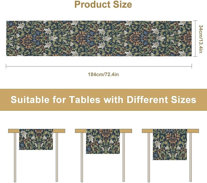 William Morris Table Runner,Vintage Style Floral Plant Table Cloth for Wedding Birthday Party Kitchen Dining Home Everyday Decor 13x36 Inch