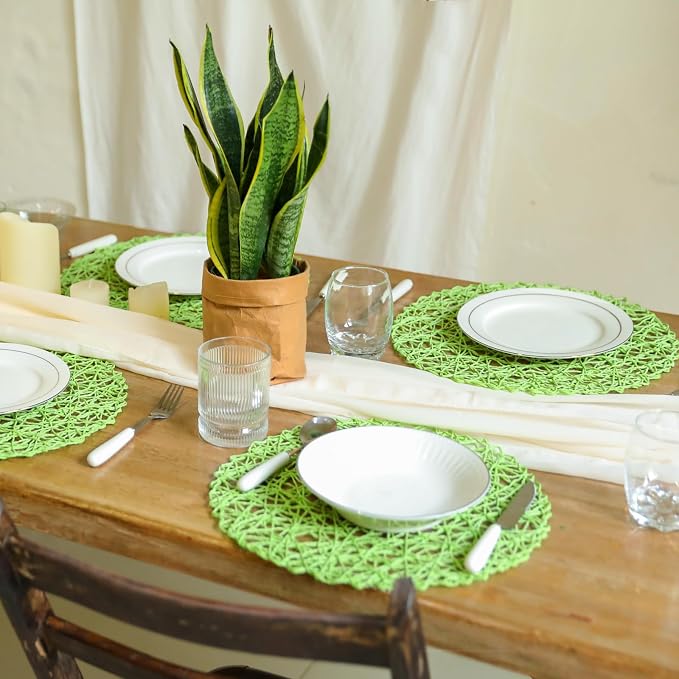 AHHFSMEI Paper Braided Round Placemats Set of 12 Natural Non-Slip Heat Resistant Table Mats for Dining Tables Woven Indoor Outdoor Place mats(Light Green,12)