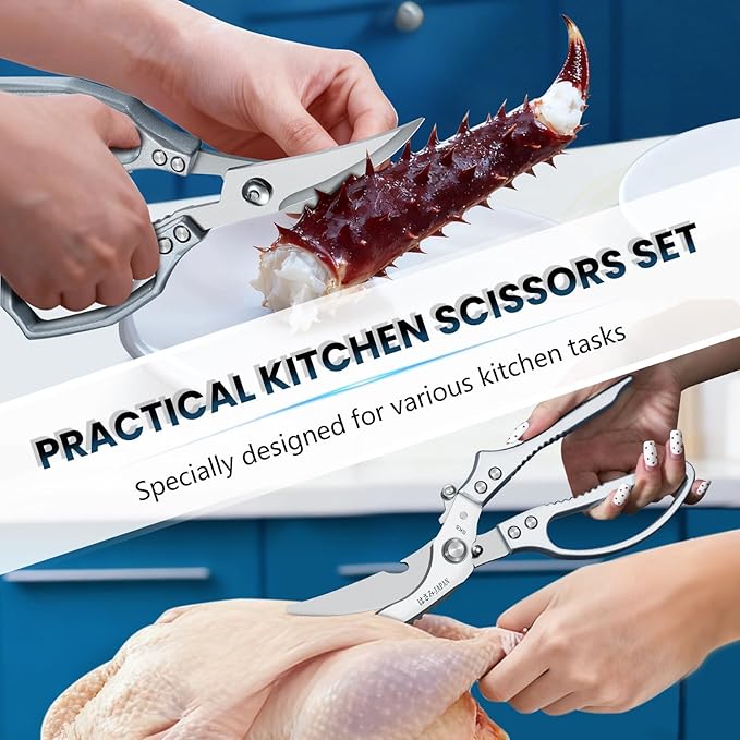 HUUSK Silver Kitchen Scissors Set - Heavy Duty Kitchen Shears for Poultry & Sharp Seafood Scissors for Crab, Shrimp, Lobster, Nuts - Christmas Gift for Men and Women
