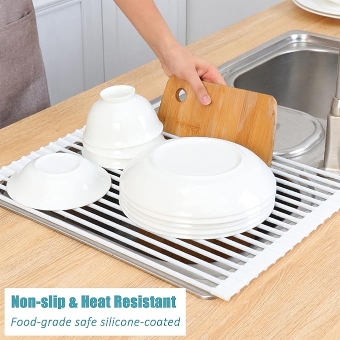Dish Drainer, White Roll Up Dish Drying Rack, Over Sink Drying Rack with Silicone-Coated, Heat-Resistant Anti-Slip Dry Rack for Dishes Cups Fruits Vegetables - 17" x 13"