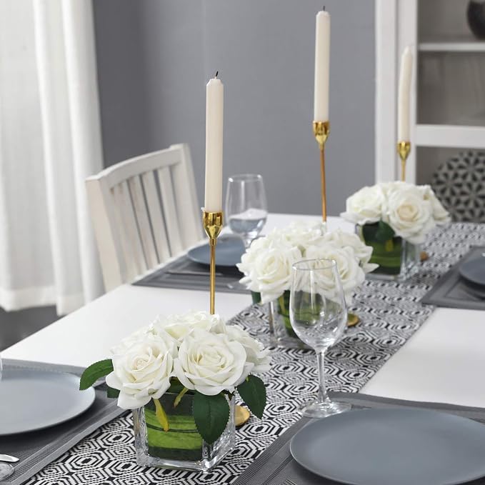 Fule Artificial Velvet Rose Flower Centerpiece Arrangement in vase for Home Wedding Decoration (Ivory)