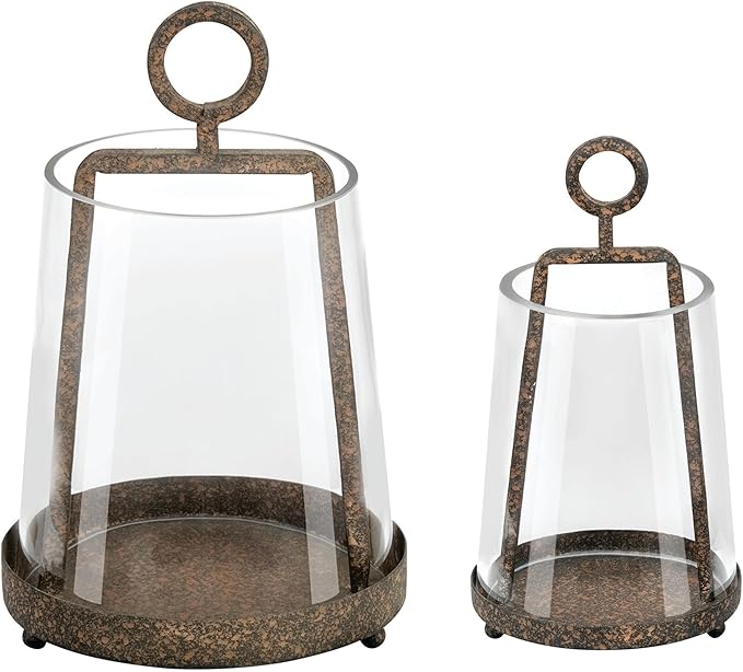 6" & 4" Wide Modern Farmhouse Metal Hurricane Candle Holder with Handmade Sturdy Glass Sleeve in Rustic Brown for Pillar Candle & Plants, Glass Hurricane Lantern, Industrial, Minimalistic