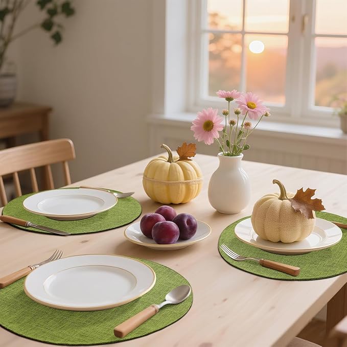 homing 15 Inch Round Cloth Placemats Set of 12, Cotton Linen Blend Washable Table Mats, Farmhouse Dining Place Mats for Indoors & Outdoors, Easy to Clean, Grass Green