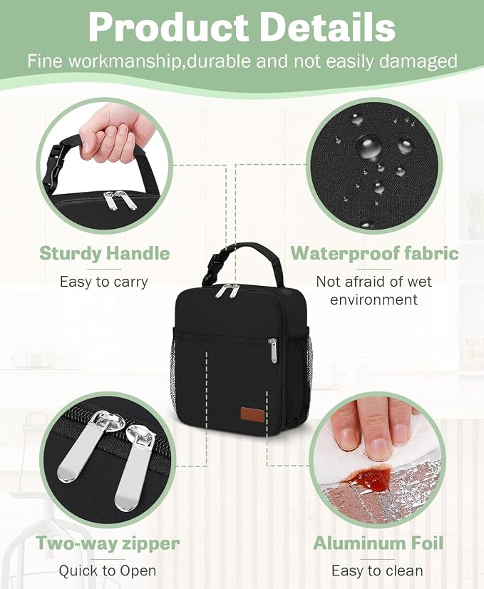 Small Lunch Box Insulated Lunch Bag for Men Women Kids, Reusable Lunch Bags Portable Small Lunch boxes Cooler Bag for School/Work/Picnic, Black 12-Can(6.5L)