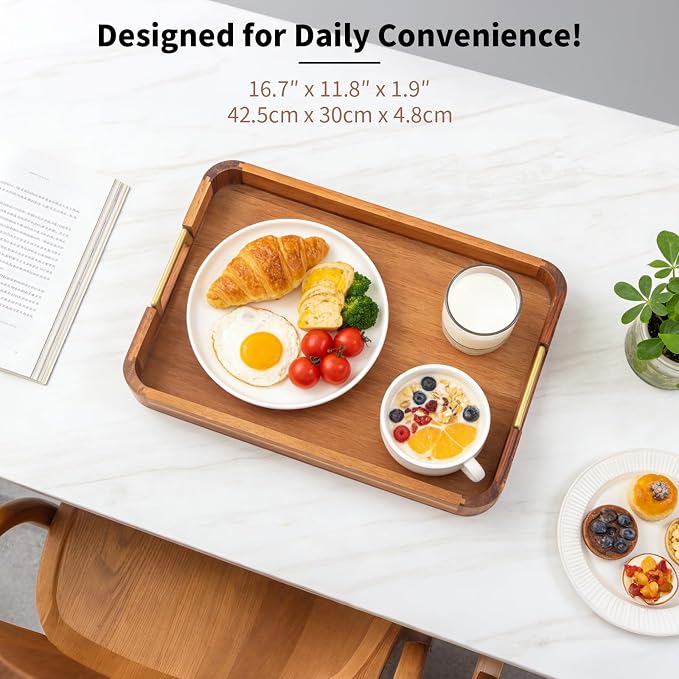 Wooden Serving Tray with Handle 16.7″ Acacia Wooden Tray for Ottoman Rectangle Ottoman Table Tray Serving Tray for Ottoman Decorative Tray for Dinner Breakfast Entertaining Guests