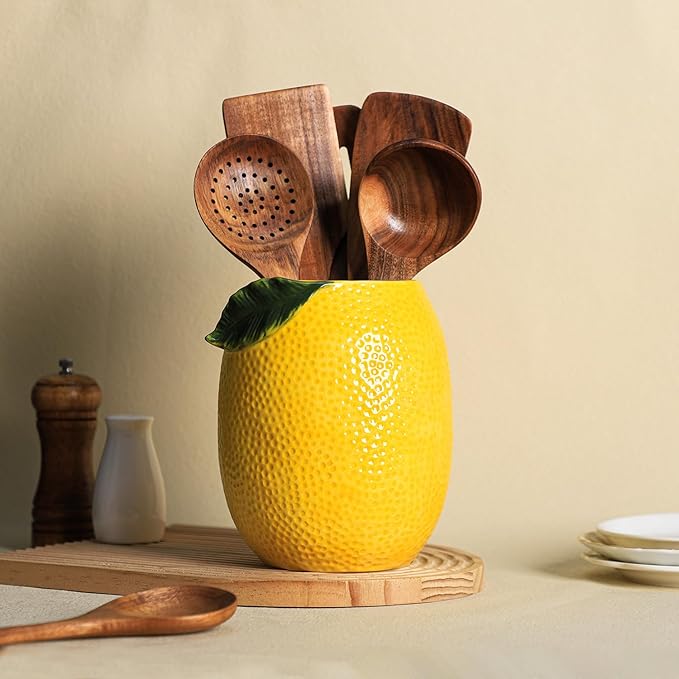 Lemon Shaped Ceramic Kitchen Utensil Holder, Large Cooking Utensil Crocks for Kitchen Countertop, Ceramic Utensil Organizer for Spatula-A