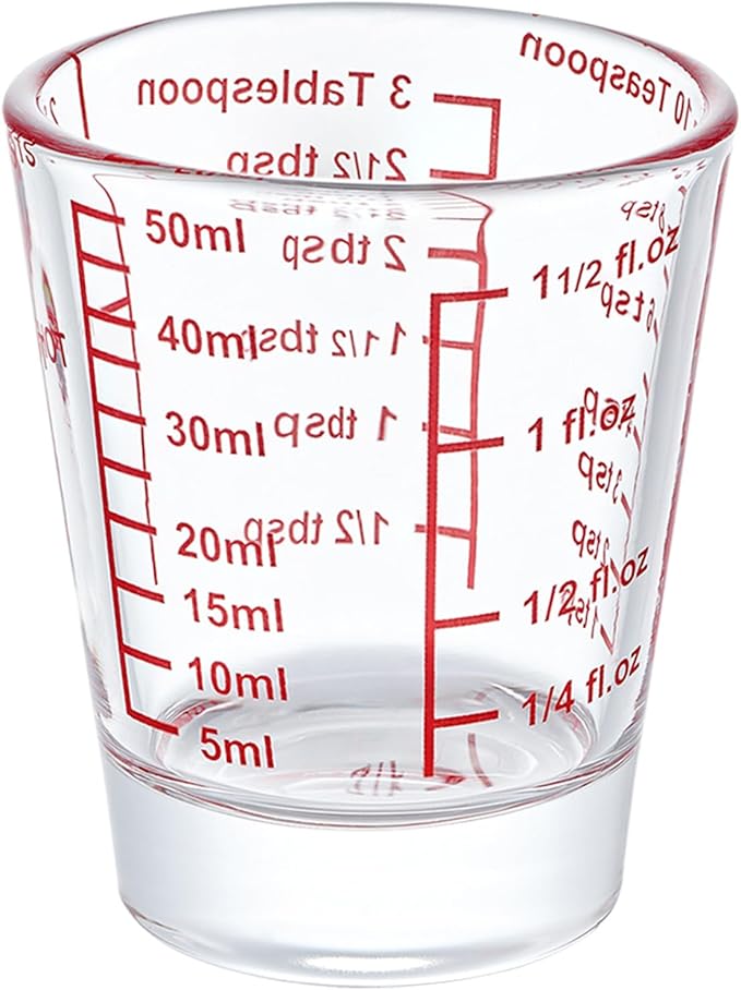 Ackers Mini Measure Heavy Glass, 32-Incremental Measurements Multi-Purpose Liquid and Dry Measuring Shot Glass, Red Single