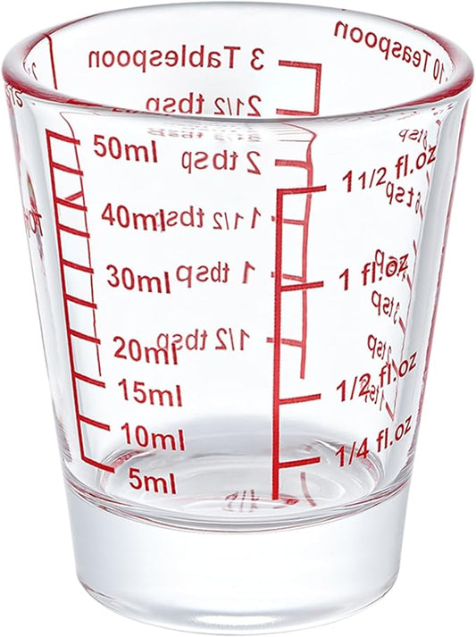 Ackers Mini Measure Heavy Glass, 32-Incremental Measurements Multi-Purpose Liquid and Dry Measuring Shot Glass, Red Single